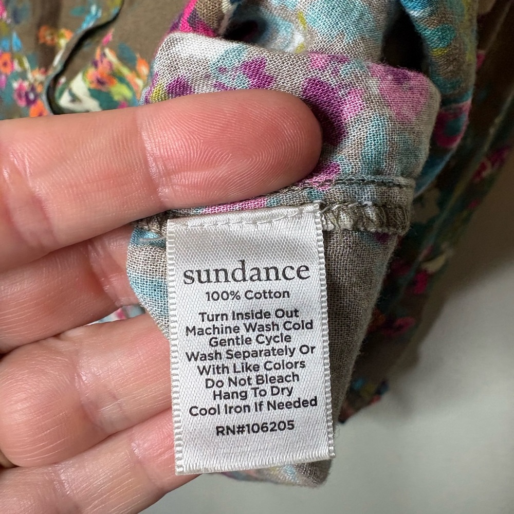 Sundance Olive Brown Floral Button-Up Blouse with Bright Multi-Color Print Large - Picture 5 of 6